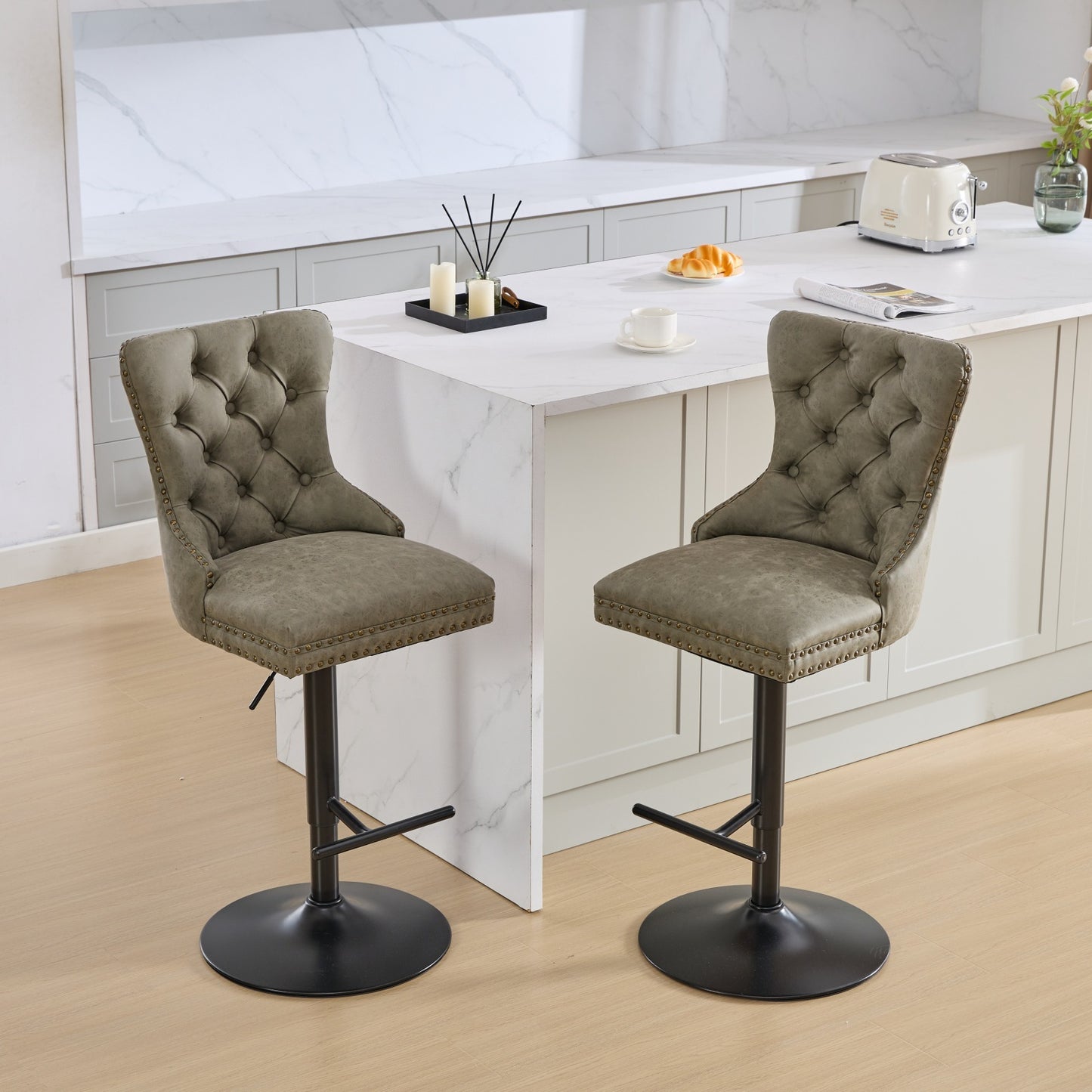 Lenora PU Leather Adjustable Bar Stools with Black Legs Set of 2 Olive