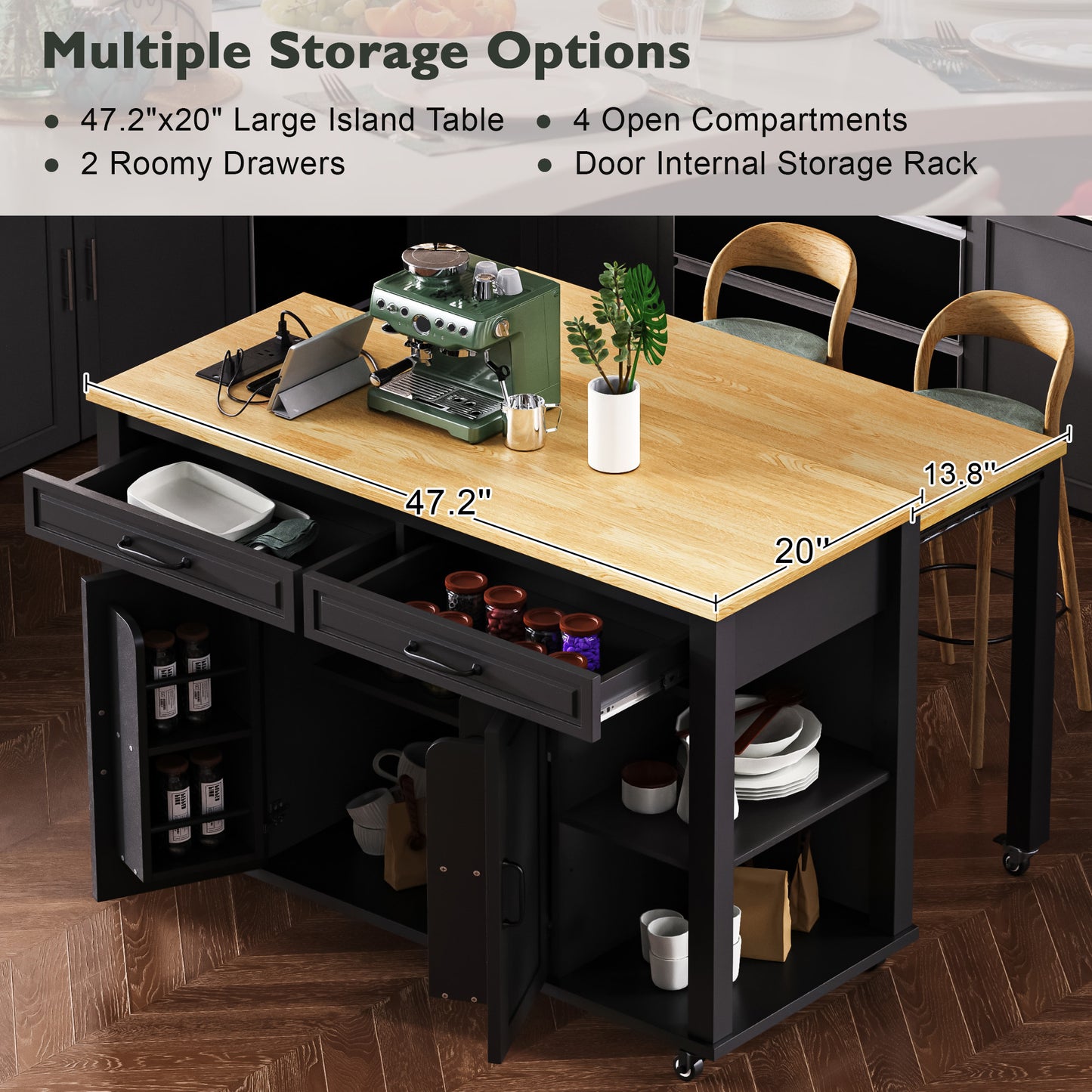 K&k 47" Kitchen Island with Extendable Dining Table - Black - detail view 8