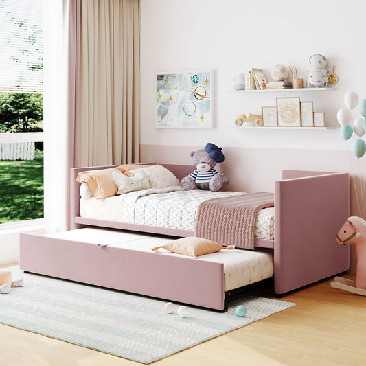 Alaric Twin Size Upholstered daybed with Pop Up Trundle, Pink