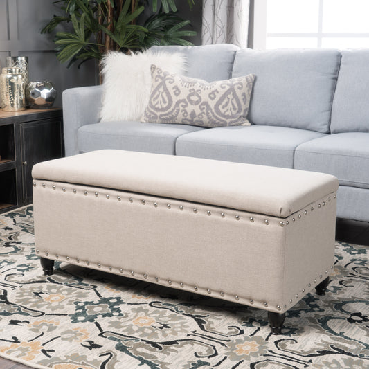Belicia Upholstered Storage Ottoman with Nailhead Trim, Beige