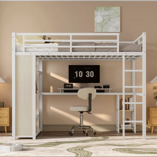 Queen Size Loft Bed Frame with Built-in Wardrobe - White Straight Grain - detail view 2