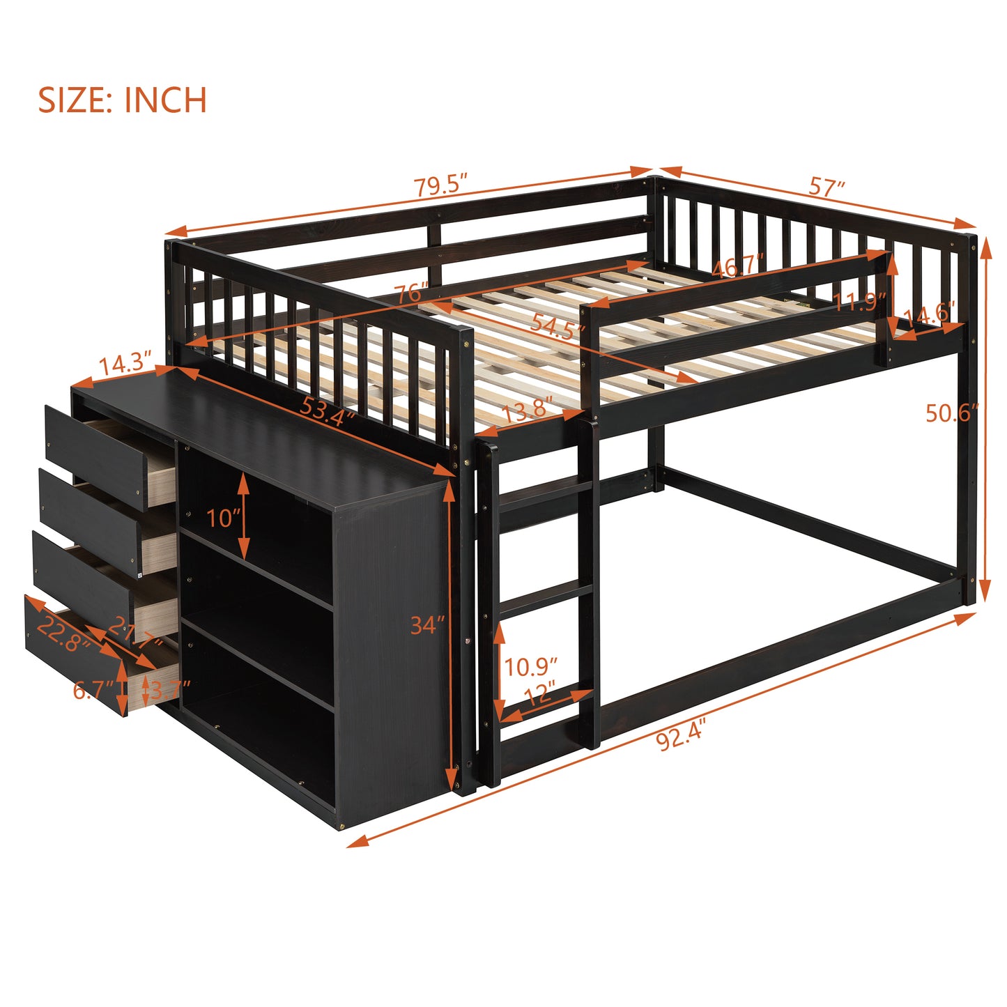 Rachel Full over Full Bunk Bed with 4 Drawers and 3 Shelves-Espresso