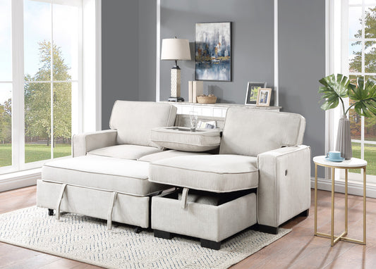 Estelle Fabric Sofa Reversible Storage Chaise Pull-Out Sleeper with Drop-Down Table 2 Cup Holders and 2 USB Ports - Beige