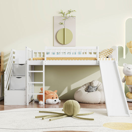 Stairway Twin Size Loft Bed with Two Drawers and Slide - White - detail view 2