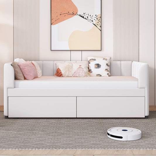 Tindra Twin Size Upholstered Daybed with Ergonomic Design Backrest and 2 Drawers, Beige