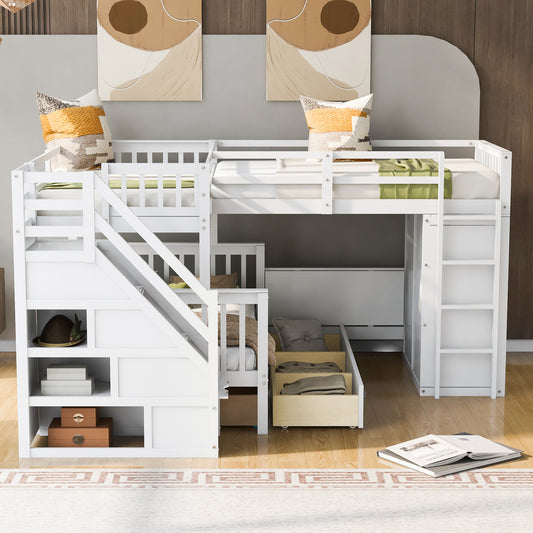 Twin-Twin over Full L-Shaped Bunk Bed with 3 Drawers - White - detail view 2