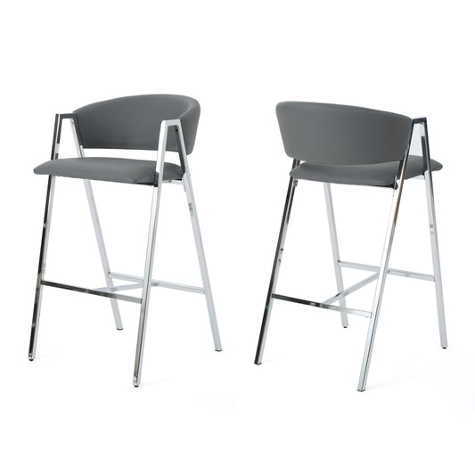 Misha Modern Gray PU Leather & Silver Bar Stools Set of 2