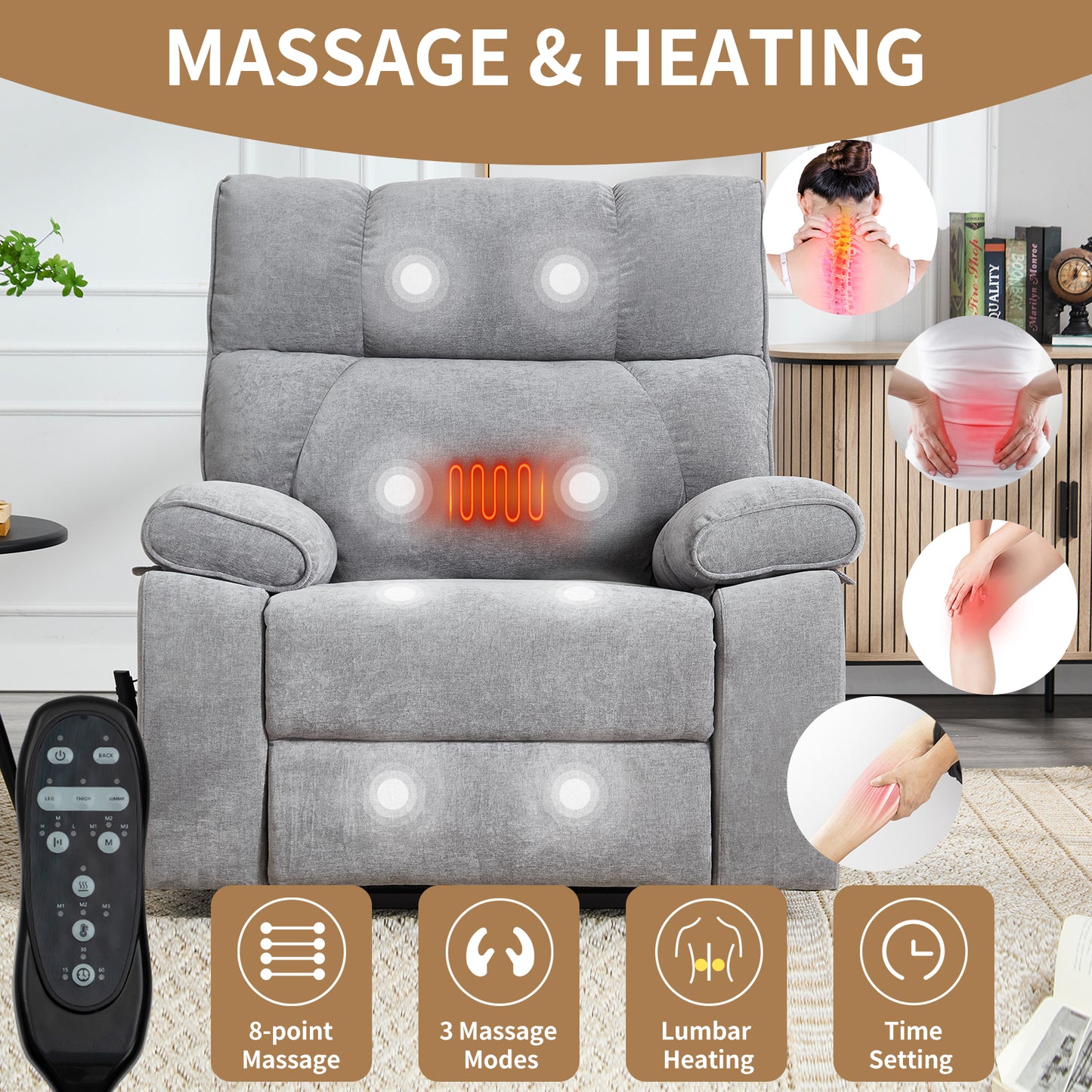 Grey Heat Massage Dual Motor Infinite Position Up to 350 LBS Large Electric Power Lift Recliners with Hidden Cup Holders - Gray - detail view 8