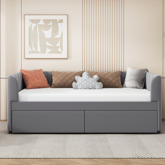 Tindra Twin Size Upholstered Daybed with Ergonomic Design Backrest and 2 Drawers, Gray