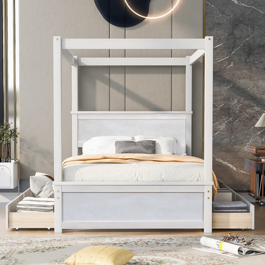Braden Full Size Wooden Canopy Bed with 2-Drawers, White