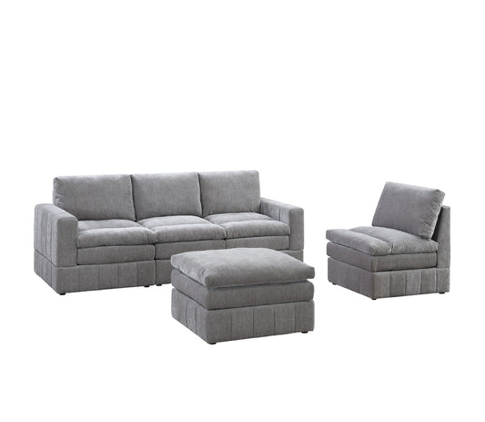Contemporary 5pc Set Modular Sectional Set 2x One Arm Chair / Wedge 2x Armless Chair 1x Ottoman Granite Color Morgan Fabric Plush - detail view 2
