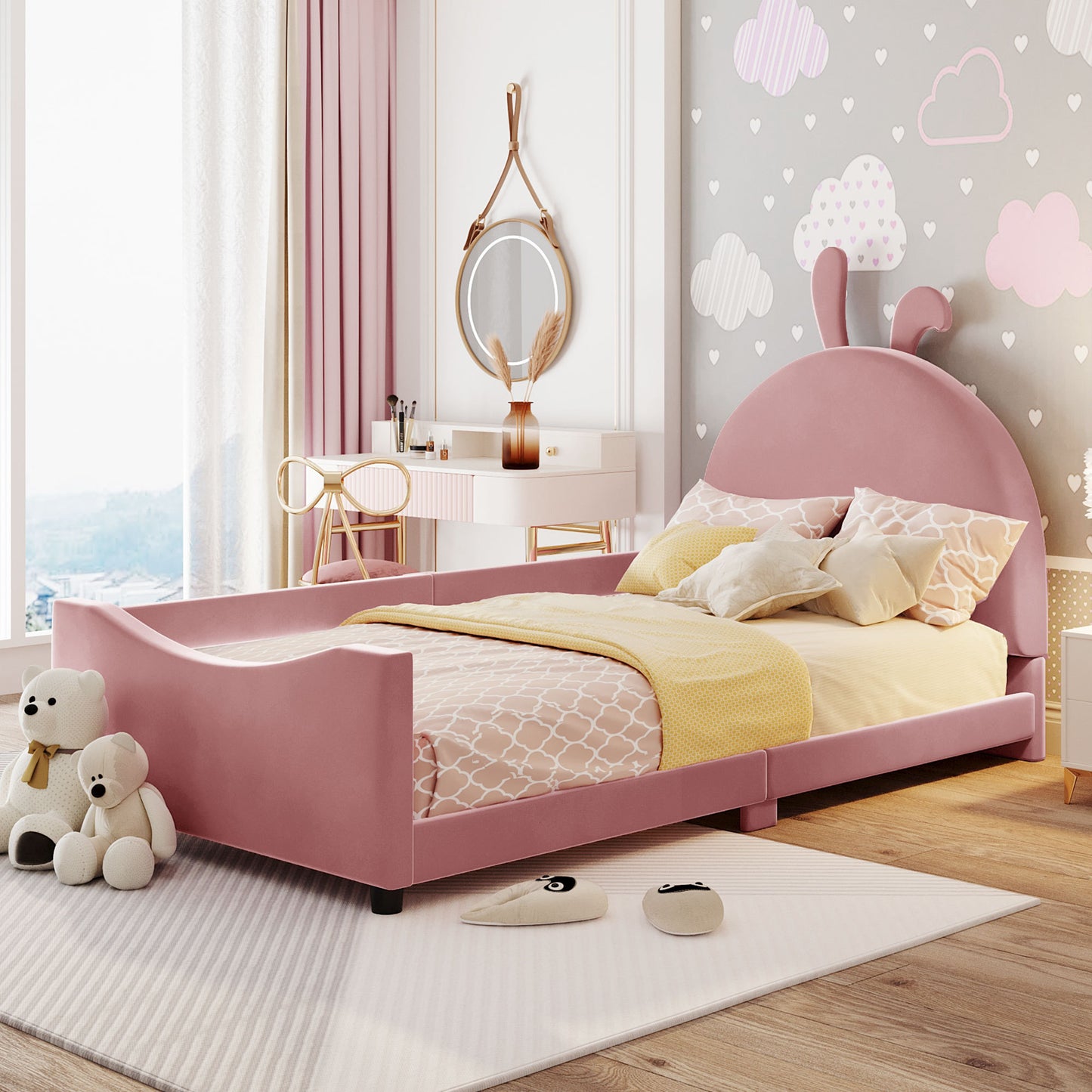 Bugs Twin Size Upholstered Daybed with Rabbit Ear Shaped Headboard, Pink