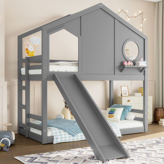 Twin House Bunk Bed with Slide and Storage Shelves - Gray - detail view 2