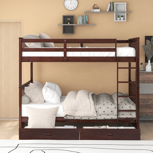 Full-Over-Full Bunk Bed with Ladders and Two Storage Drawers Espresso