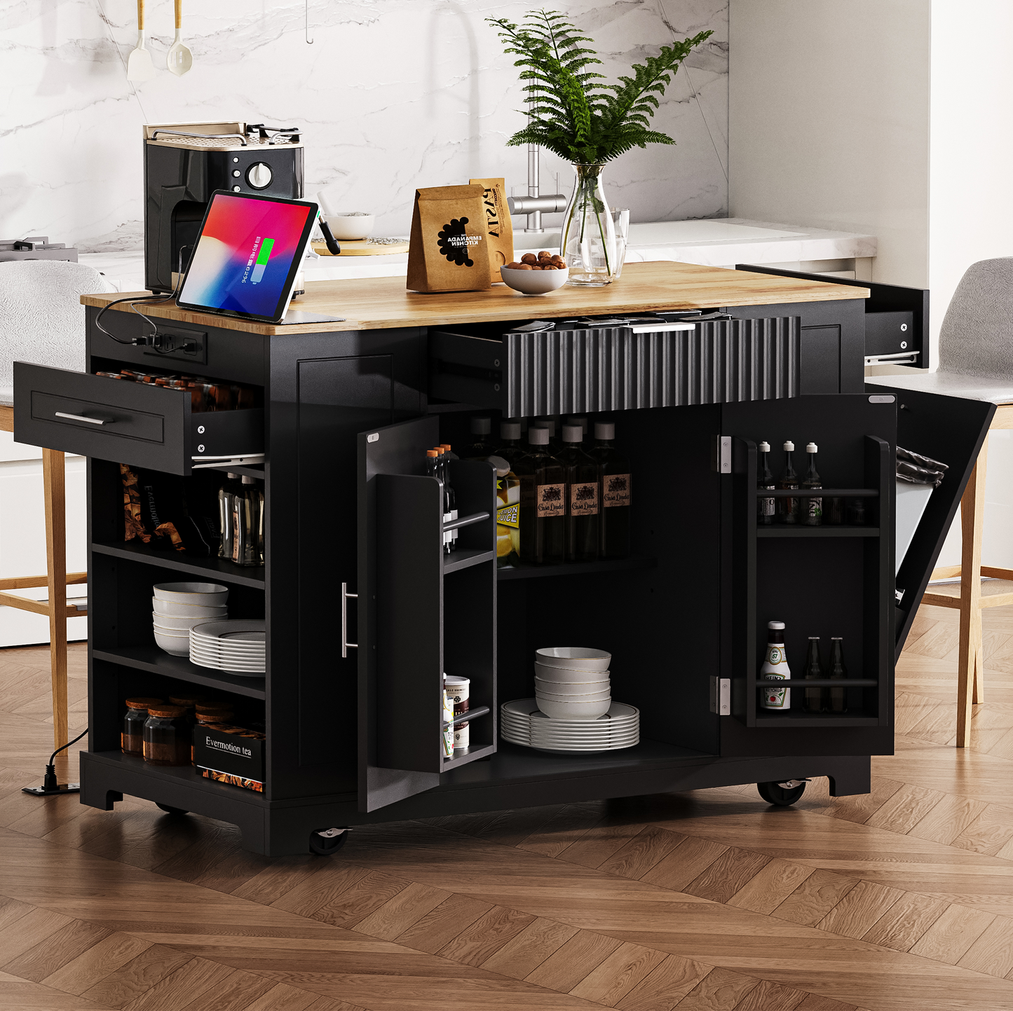 K&k Fluted Kitchen Island with Trash Can Storage Cabinet - Black - primary color shot