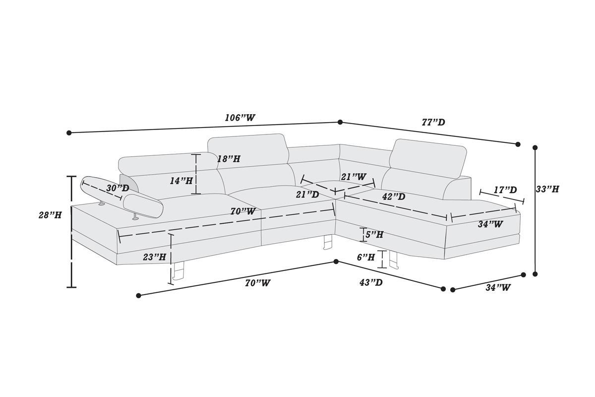 White Color Sectional Living Room Furniture Faux Leather Adjustable Headrest Right Facing Chaise & Left Facing Sofa - detail view 8