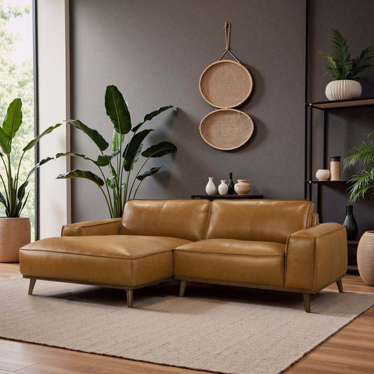 Kerrville Tan Leather Left Sectional Sofa with Mid-Century Modern Design, Genuine Leather Upholstery, Walnut-Finished Wood Legs, 98-Inch L-Shaped Layout - detail view 2