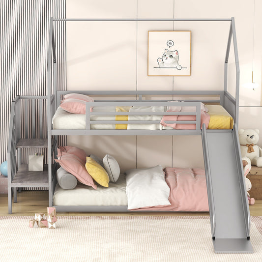 Daniel Twin over Twin Metal Bunk Bed House Bed with Slide and Staircase, Silver