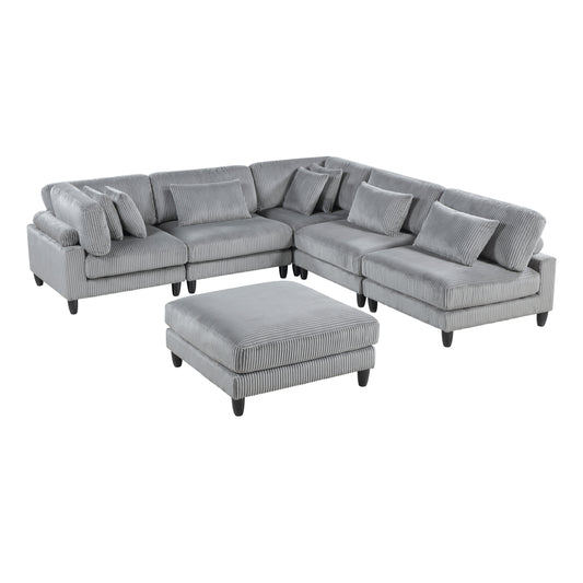 6pc Modular Sectional Set Gray Corduroy Upholstery 3x Armless Chairs 2x Corner Seats 1x Ottoman Pillows Living Room Furniture - detail view 2