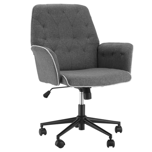 HOMCOM Linen Home Office Chair, Tufted Height Adjustable Computer Desk Chair with Swivel Wheels and Padded Armrests, Dark Gray