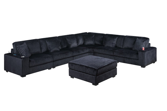 Contemporary Modern 7-PC Modular L-Sectional Sofa Set USB Cup Holder Black Corduroy Living Room Furniture Ottoman - detail view 2