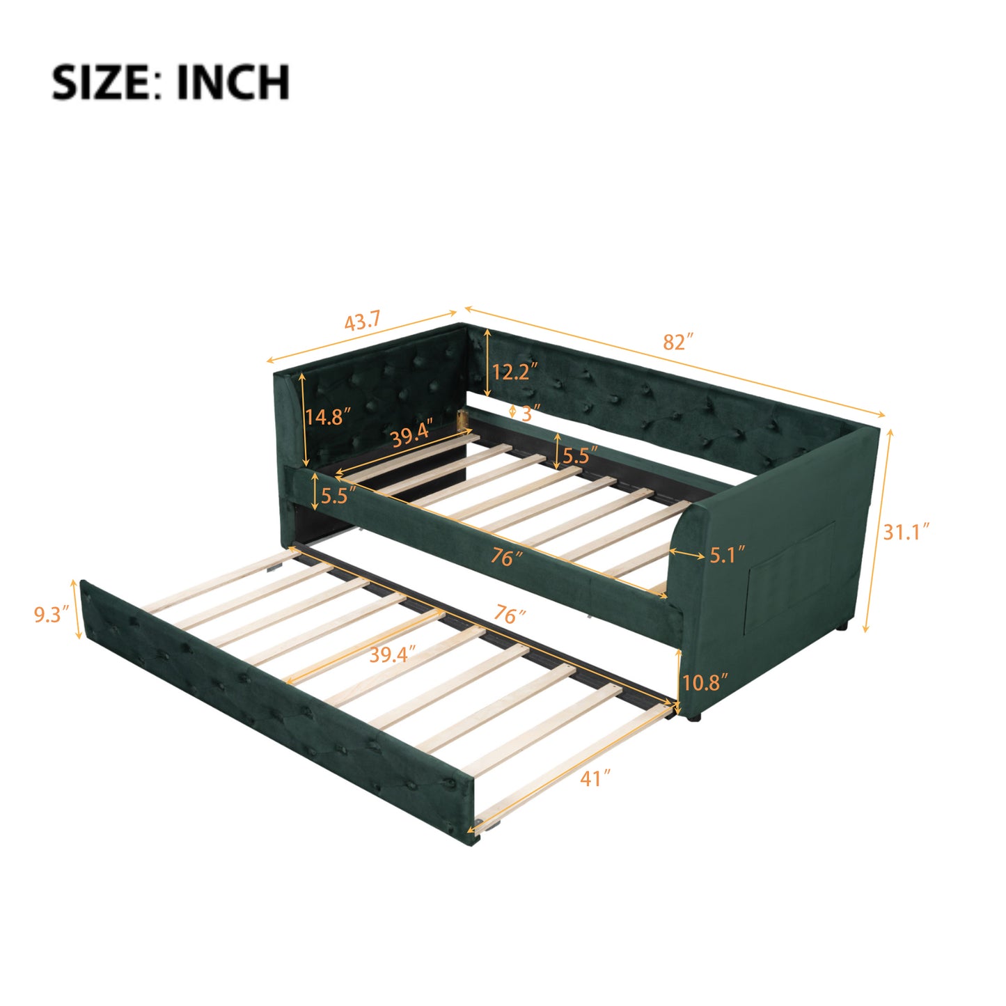 Jurikson Twin Size Upholstered Velvet Tufted Daybed with Trundle, Green