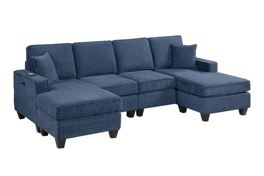 3pc Sectional Set Dark Blue Finish Right Arm And Left Arm Chaise USB Port Armless Loveseat Plastic Legs Matching Two Pillows Primary - detail view 2