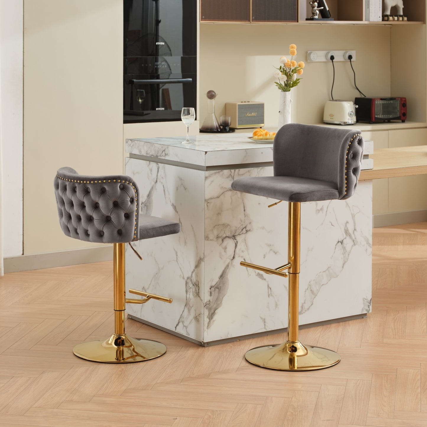 Junia Velvet Tufted Adjustable Height Bar Stools Set of 2 Gray