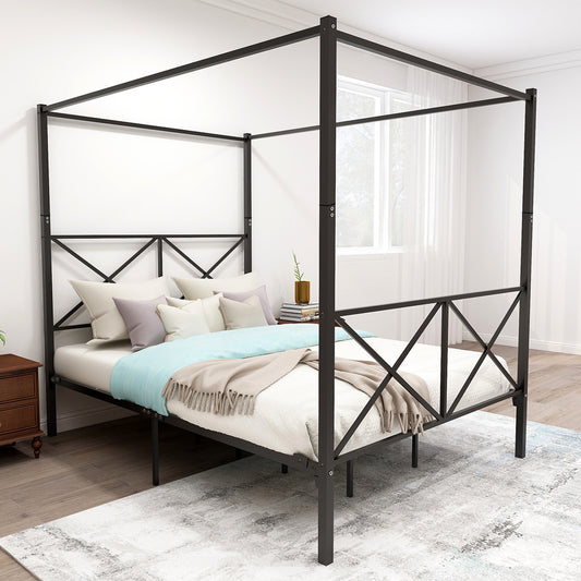 Astoria Black Metal Queen Canopy Platform Bed Frame – Ornate European Design