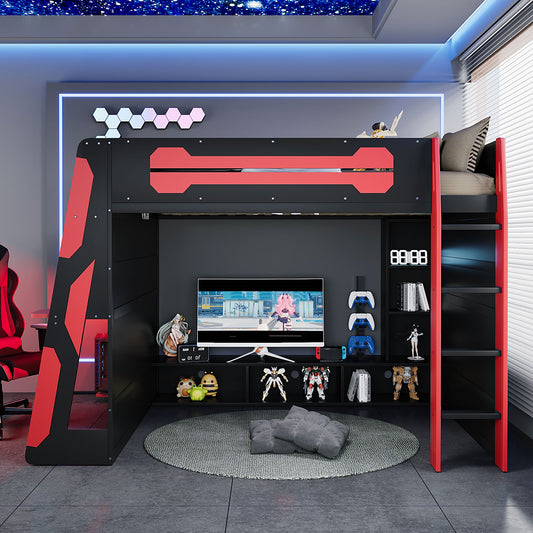 Full Size Wood Loft Bed with Desk - Red - detail view 2