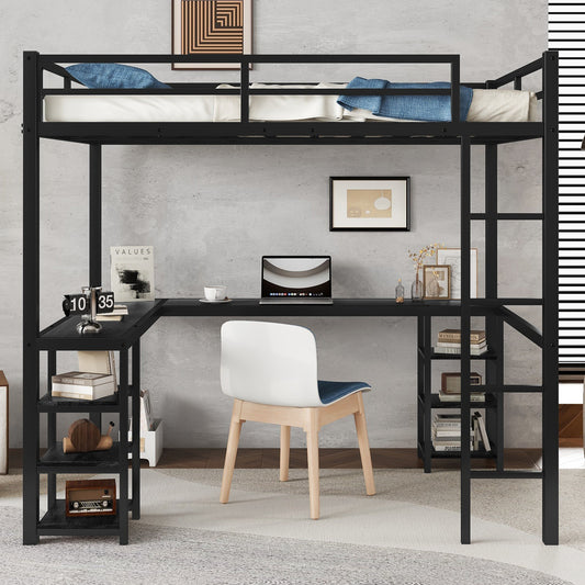 Full Metal Loft Bed with Desk and Shelves - Black - detail view 2