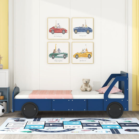 Timmy Twin Size Car-Shaped Platform Bed with Wheels,Blue