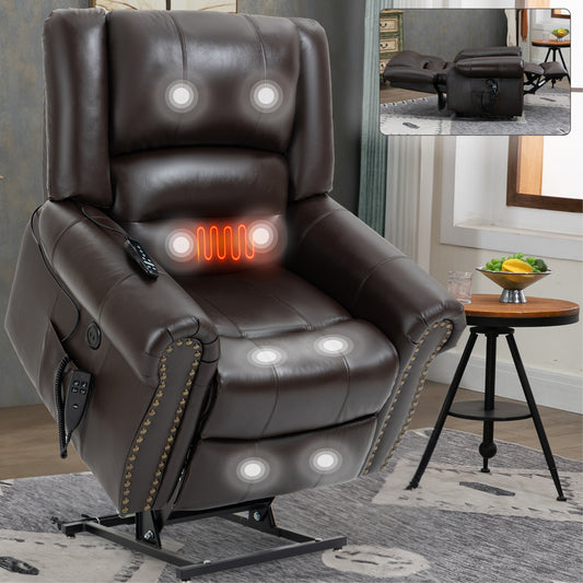 Brown massage recliner chair with LED lights in a living room setting.