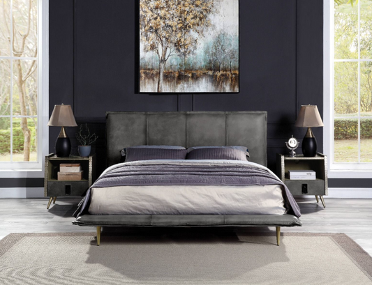 Metis Modern Industrial Queen Bed in Gray Leather