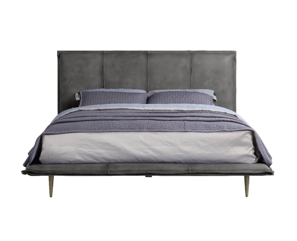 Metis Modern Industrial Queen Bed in Gray Leather