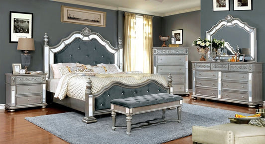 Azha Transitional Glam Style Silver Queen Bedroom Set