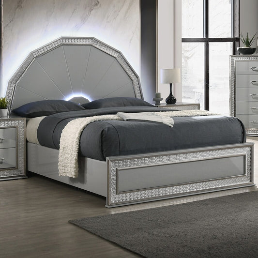 Cassiopeia King Glam Bedroom Collection with LED, Metallic Gray