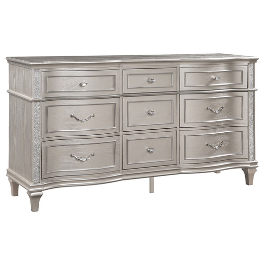 Evangeline 9 Drawer Glam Dresser with Removable Jewelry Tray in Silver Oak