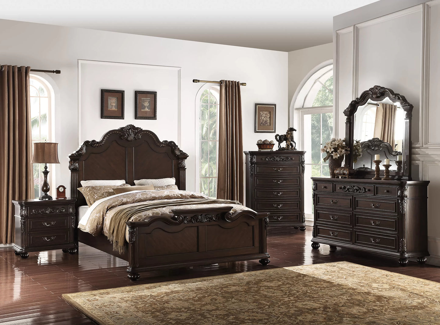 Terrell II Traditional King Camelback Bed - Brown Cherry