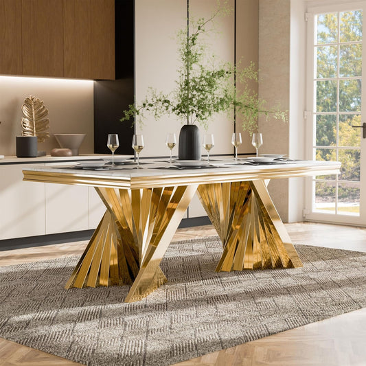 Basilicata 79" 7-Piece White Sintered Stone & Gold Dining Set