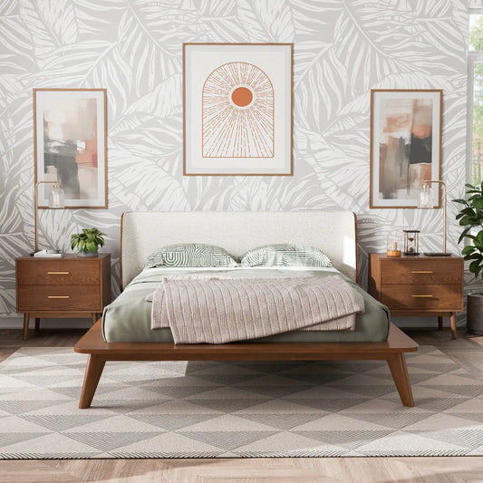 Lenzburg Bed - Mid-Century Modern Walnut/Beige Bouclé