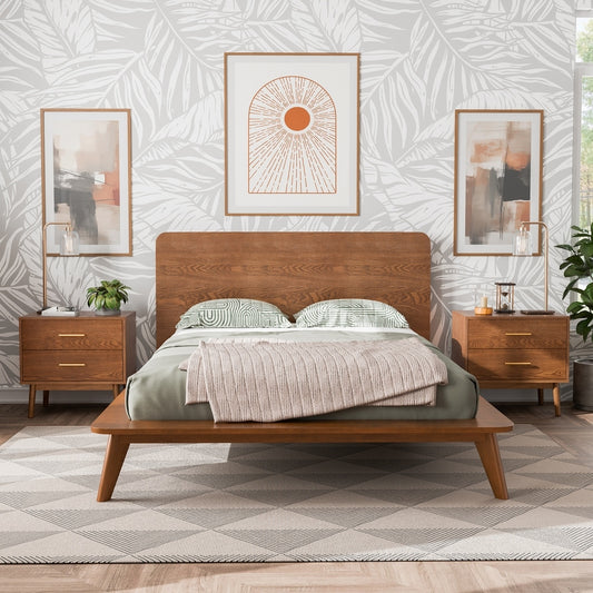 Stathelle Mid-Century Modern Solid Wood Platform Bedroom Set, Walnut