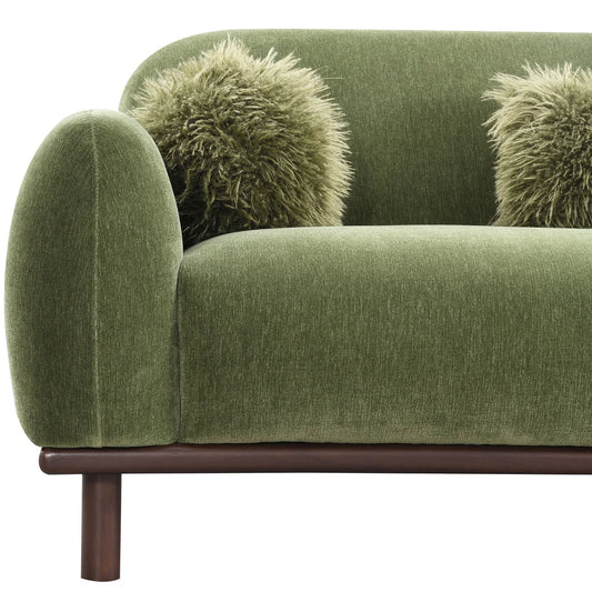 Mellone Mid-Century Modern Olive Green Chenille Sofa with Driftwood Base & Faux Fur Pillows – Furniture of America