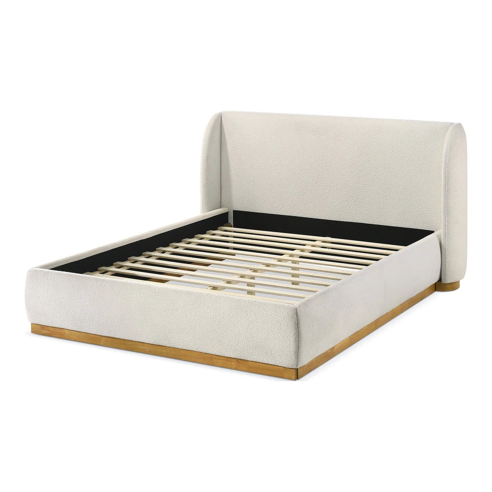 Whitman Contemporary White Boucle & Gold Queen Platform Bed