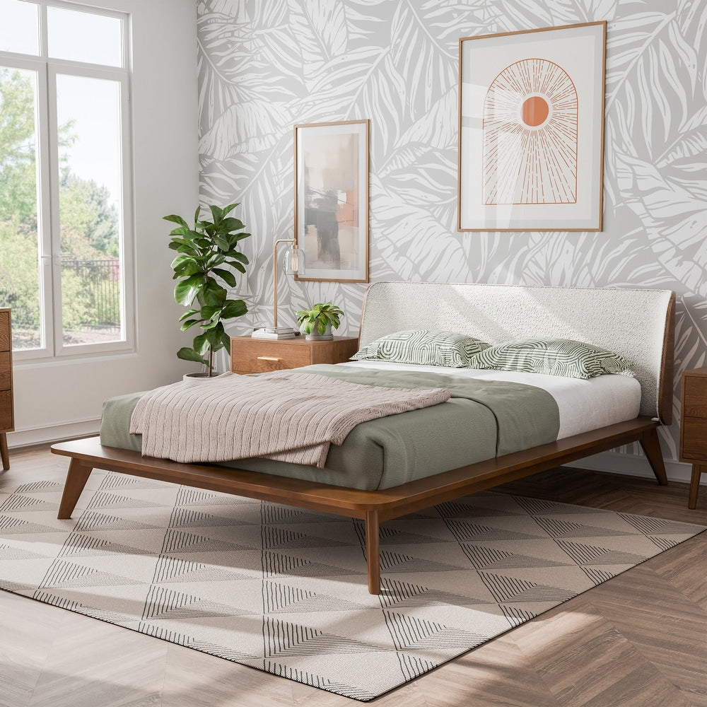 Lenzburg Bedroom Set - Mid-Century Modern Walnut/Beige Bouclé