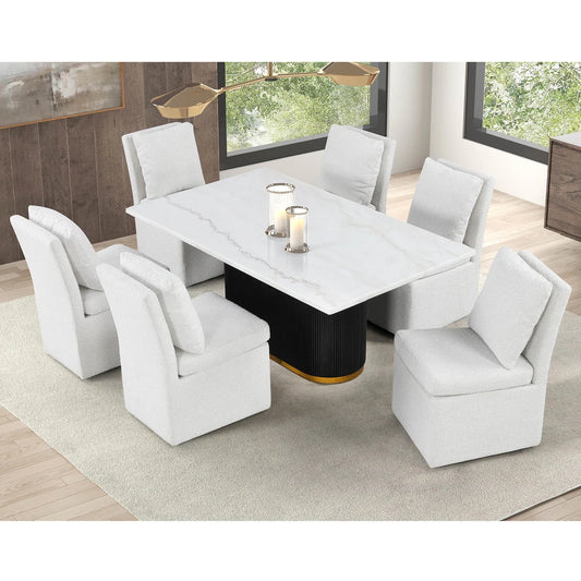 Morges Contemporary 5-Piece Marble Top Dining Set with White Boucle Chairs