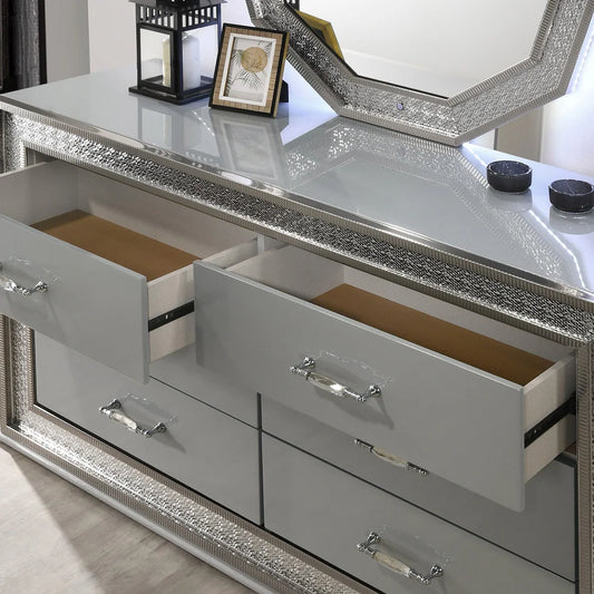 Cassiopeia Glam Collection Dresser with Metallic Scale Molding, Metallic Gray