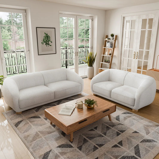 Kolvere Contemporary Boucle Sloped Arm Sofa with Wooden Feet