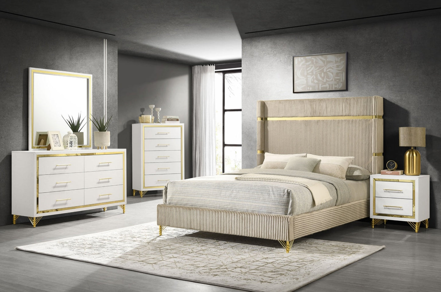 Lucia Modern Queen Wingback Panel Bed - Beige