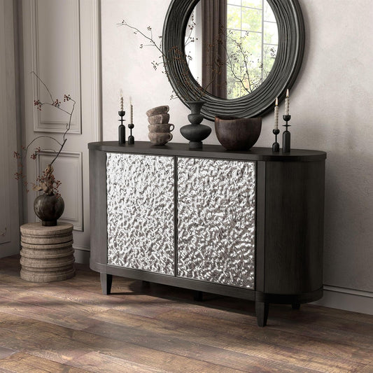 Sterling Modern Dining Server in Wire Brush Ash Gray with Dented Stainless Steel